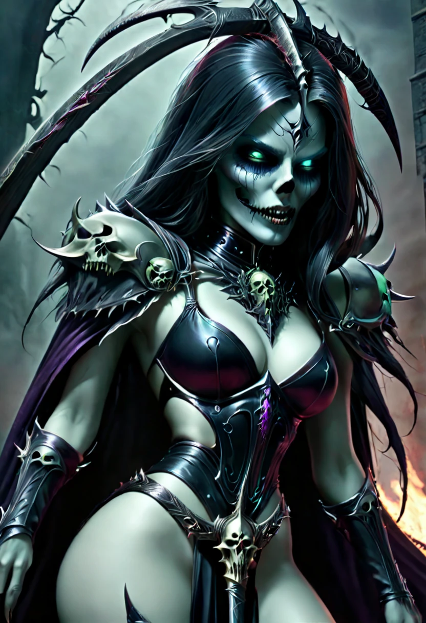 y seductive death, undead head, seductive pose, seductive grim reaper of death,