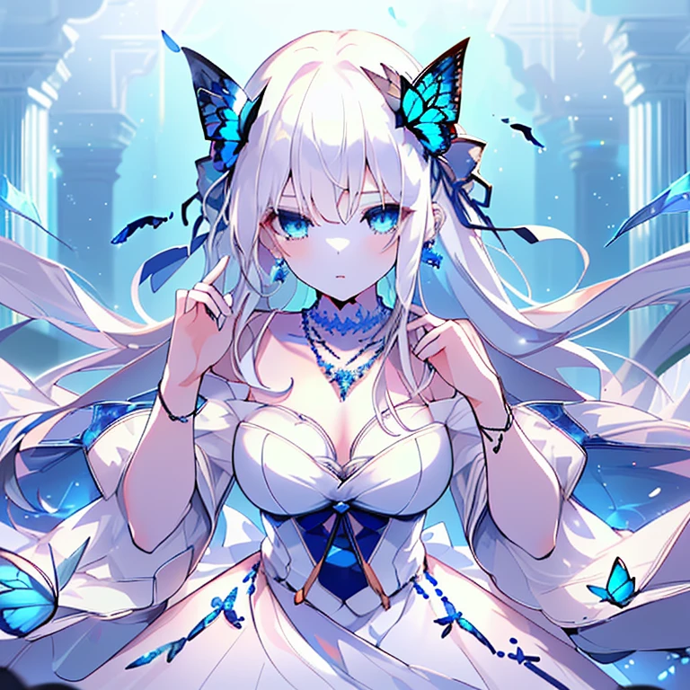 (highest quality，masterpiece，Super detailed，very nice，)White Hair，Long Hair，Cinema Lighting，High resolution，Very delicate，Blue Eyes，Jewel-like eyes，Earrings，necklace，Wear a dress，Bust-up perspective，Blue Butterfly，Butterflies fluttering