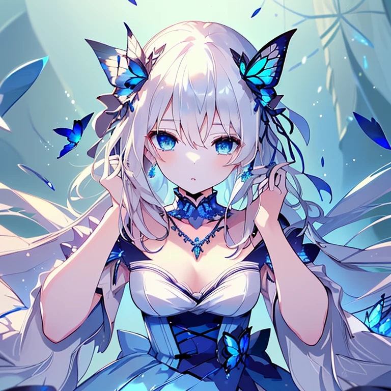(highest quality,masterpiece,Super detailed,very nice,)White Hair,Long Hair,Cinema Lighting,High resolution,Very delicate,Blue Eyes,Jewel-like eyes,Earrings,necklace,Wear a dress,Bust-up perspective,Blue Butterfly,Butterflies fluttering