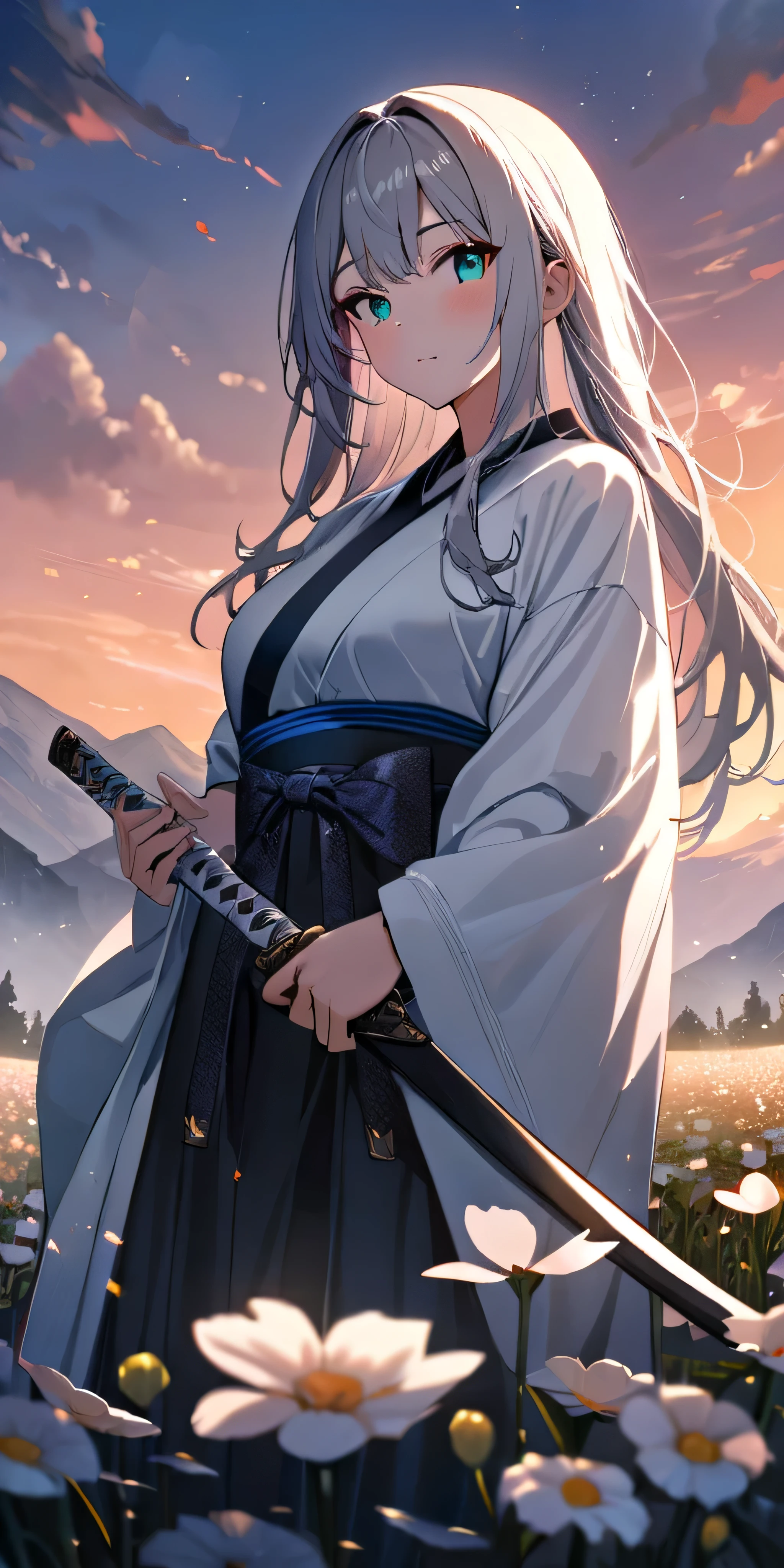 Resolution full, best quality, masterpiece, full HD, beautifull girl, foggy theme, super detailed, 1girl, cute girl, long hair, silver hair, detailed beautiful aqua eyes, white kimono. holding glowing purple katana. from below, focus at girl. Badass scene. in flower field. Mountains. Day sky, gradient sky, sunset. bokeh. Particle bokeh. Depth of field.