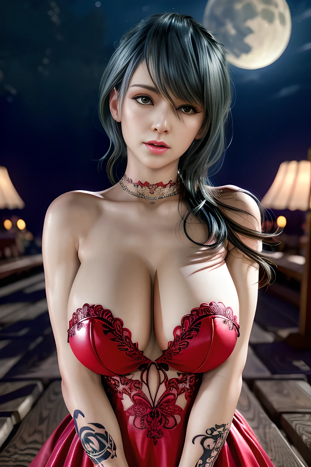 1 girl,lean over WINK, (dark red Wedding Dress,see-through), nighttime,moon,( huge breasts:1.1),cleavage,shiny skin,lip gloss,( tattoos:1.2), masterpiece, best quality, realistic ,Surrealism,Rich artistic colors,natural colors art in 8k,3D,Portrait art,solo, tamaki