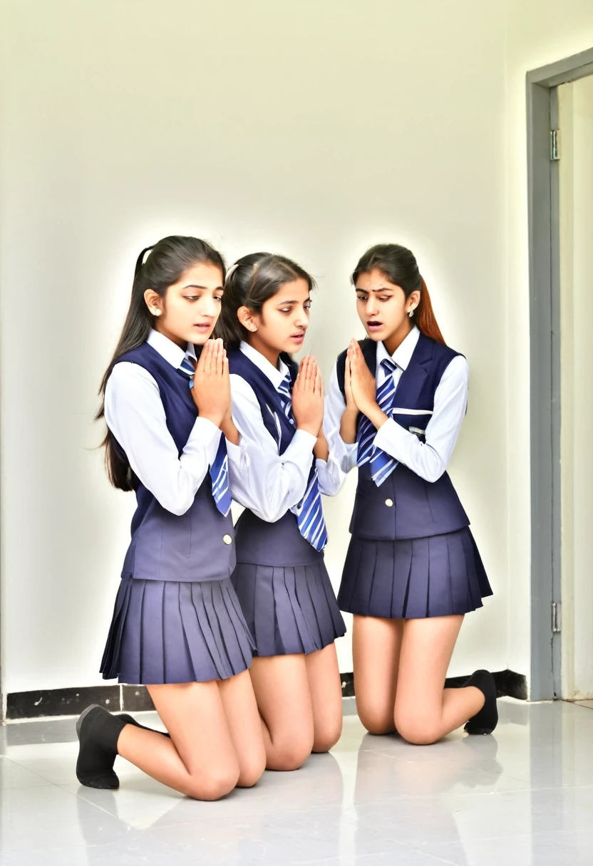 (photorealism:1.2), A 16 year old latina schoolgirl center frame, legs spread and elevated, breathing heavily and her eyes unfocused, her hand under the clothing below her stomach massages her barely conceiled and damp pelvic womanhood ontop the teacher's desk facing the class while being stared at by her female peers. The other girls, these female peers, firmly grasp, knead and highlight the softest parts of their chests with sleepy gazes and salivating, slack-jawed, vacant expressions suggesting they have been placed into deep hypnotic trance. All of the girls are dressed in catholic school uniforms that are far too small and skirts far too short to successfully provide any appropriate measure of modesty or adequately conceil their every curve and crease.