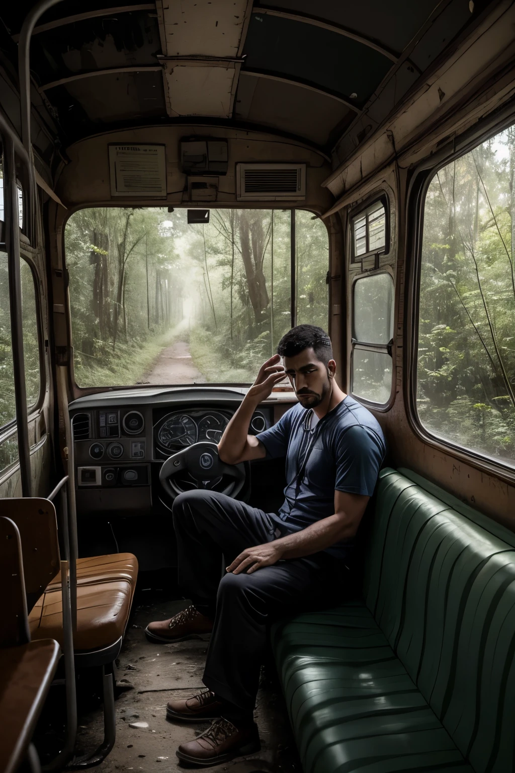 A man, with a determined face, stepped inside the old, creaky bus that was headed towards Setealém. The bus was filled with an eerie silence, broken only by the sound of the wheels grinding against the uneven road. The man, despite feeling a chill run down his spine, clutched his belongings tightly and took a seat near the window.

As the bus journeyed deeper into the forest, the man could feel the sense of unease growing stronger. The bus rocks gently with each uneven terrains, causing the man's heart to race. Shadows danced on the walls, and he could hear the faint sound of twigs snapping outside.

Suddenly,