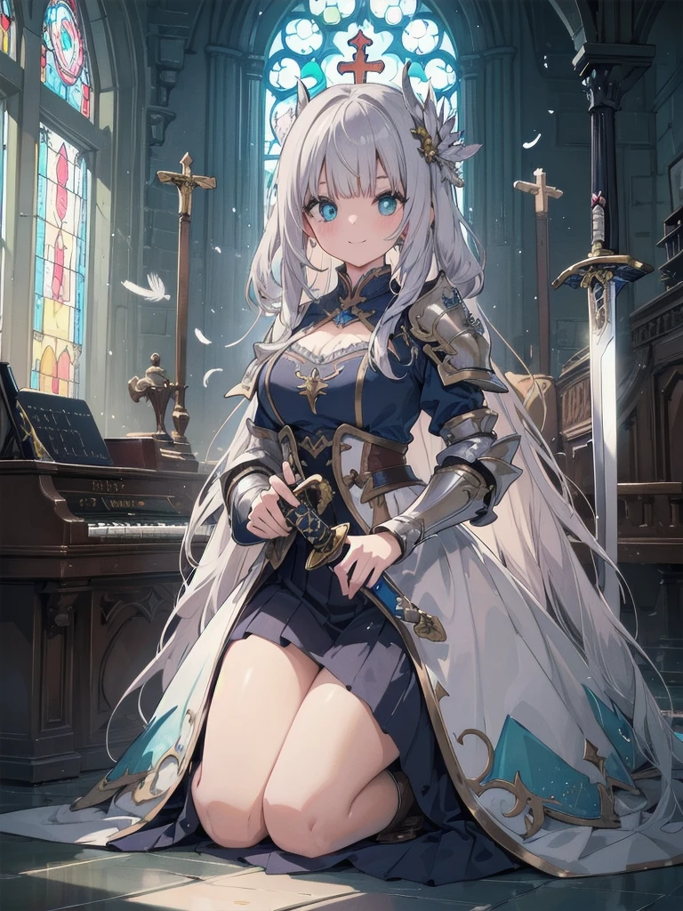 (Official art、Best Quality、Unity 8k Wallpapers、32K、masterpiece、ultra-detailliert、超A high resolution、realisitic、Photorealsitic、Very ridiculous:1.2)、(Cinematic lighting:1.2)、Fireglow effect、film grains、Best Shadows、Rim lighting、side lights、(Ultra-detailed and complex 3D rendering)、Detailed beautiful face and eyes、Sharp pupils、Realistic pupils、A slender、1Man Woman、Medium bust、(Full body:1.2)、 beauitful face、16-year-old beautiful girl、(super detailed skin、detailed skin textures:1.3)、(silver blond、Blue-silver hair:1.3)、Paladin、Longhaire、Blunt bangs、Green eyes、3 braids in 1 bunch、(Blue Armor、Blue Boots、Blue helmet、Jeweled、Gold embroidery)、A slender、Maxi skirt、(thighs thighs thighs thighs:0.8)、(chies、in a house、Artistic stained glass、Large pipe organ、Hello Point、Mystical、a lot of feathers float、angelicales、Particles of light、solemnity、Sunlight is、colourfull、Fantastical:1.2)、(Fantastical:1.3)、(Holding the Holy Sword:1.4)、Fantastical、Smiling smile