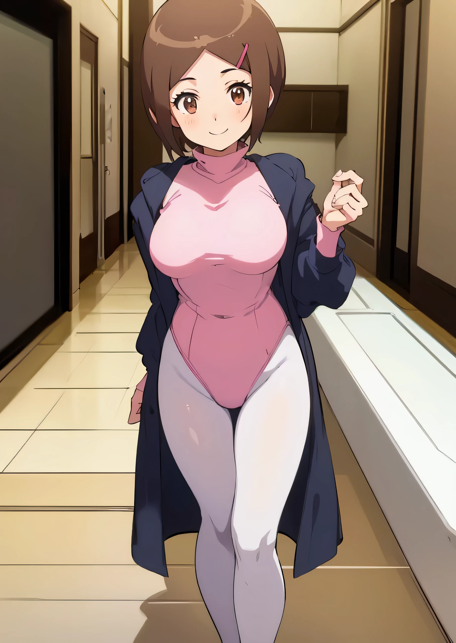 A girl in a pink leotard standing in a room, solo, shuushuu anime image, as an anime character, short brown hair girl, Brown Eyed Girl, smile, anime character, leotard with an pink, Short, White Pantyhose, Anime Girls, leotard sleeve with an long sleeve, pantyhose with an white, Big Breasts, Medium Breast, Classic Girl, female anime character, Also, Leotard and pantyhose only、