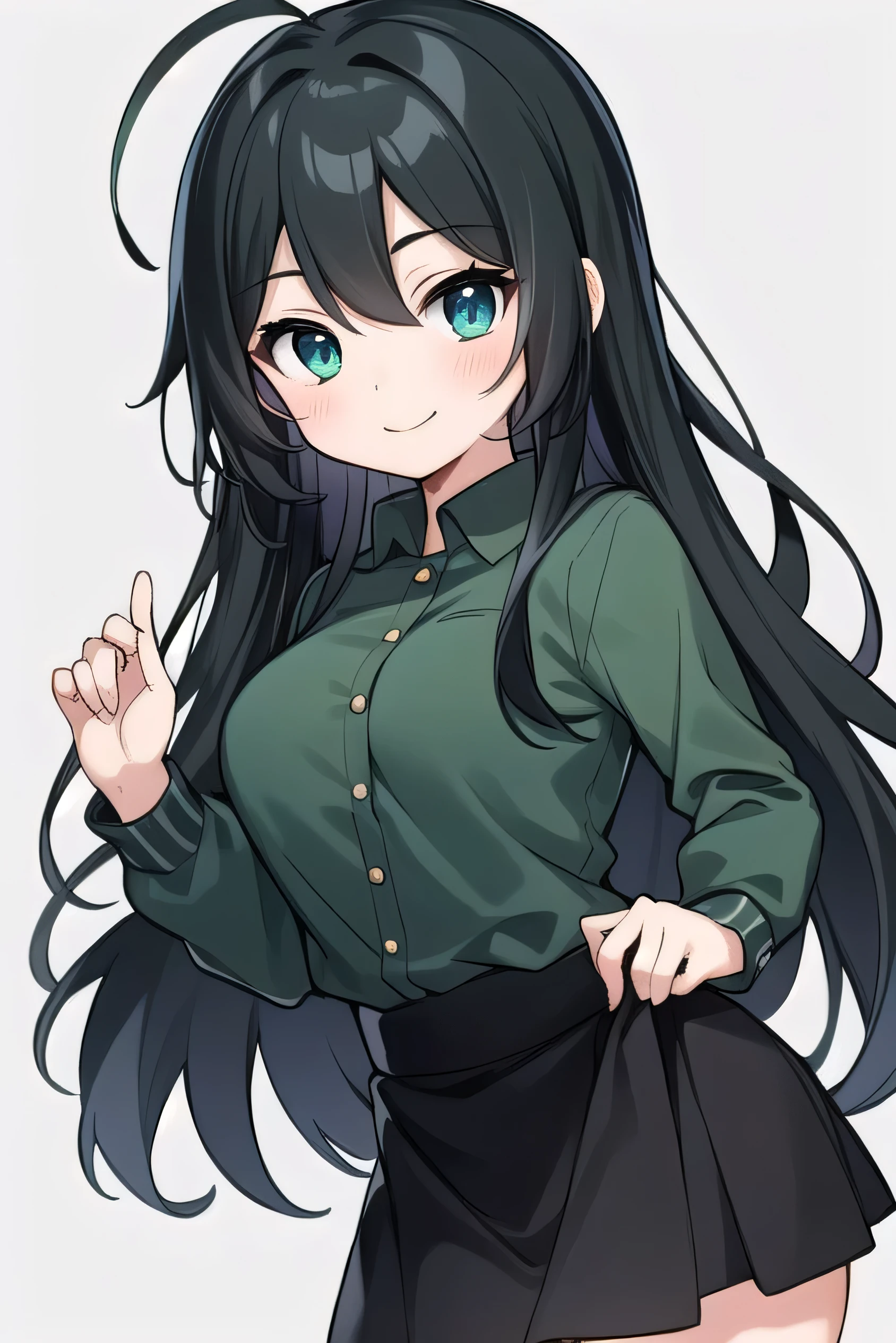 Junior high school student who looks like an elementary school student, 14 years old, very short, 140 cm tall, black hair with a slight green tinge, short ahoge, beautiful long hair but with a little hair sticking out, beautiful round eyes, blue eyes, smile, boyish, long sleeves, Thick clothes, skirt, big breasts, hair longer than waist, long hair, childish face, gentle smile, a little shy, black skirt, black hair with a slight green tinge, boyish, gentle smile, jacket one size larger, ( Deep greenish black hair: 1.3)