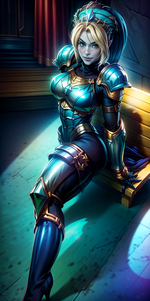 Lancer Artoria, elegant adult female, blonde, green eyes, (yellow eyelashes), crown, turtleneck, full body sitting on a bench showing ass to me, BLUE breastplate, BLUE skin (1girl)(BLUE skin:1.2), looking at viewer, shiny, armor, thigh highs, high boots, pauldrons shoulder armor, faulds, poleyn, gloves, gauntlets, rerebrace armored boots, (masterpiece, best quality, ultra-detailed, best shadow) yordle pointy ears muscular lean platinum blonde long twin-tails hairstyle at the office lustful smirking smile face red blushed, blush, strong abs, female body builder, tiara, twin drills hair