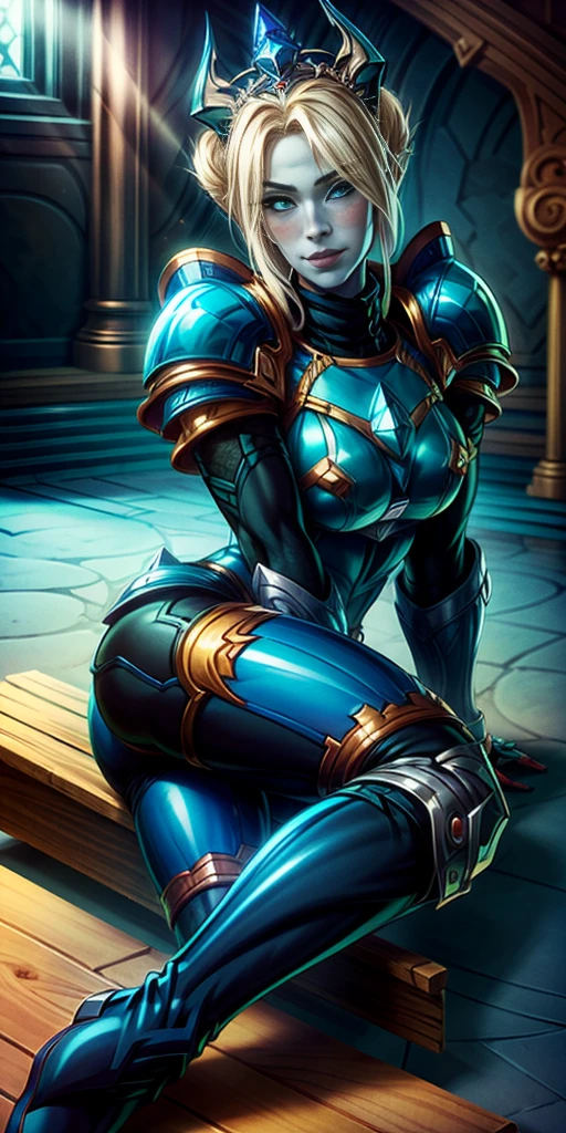 Lancer Artoria, elegant adult female, blonde, green eyes, (yellow eyelashes), crown, turtleneck, full body sitting on a bench showing ass to me, BLUE breastplate, BLUE skin (1girl)(BLUE skin:1.2), looking at viewer, shiny, armor, thigh highs, high boots, pauldrons shoulder armor, faulds, poleyn, gloves, gauntlets, rerebrace armored boots, (masterpiece, best quality, ultra-detailed, best shadow) yordle pointy ears muscular lean platinum blonde long twin-tails hairstyle at the office lustful smirking smile face red blushed, blush, strong abs, female body builder, tiara, twin drills hair