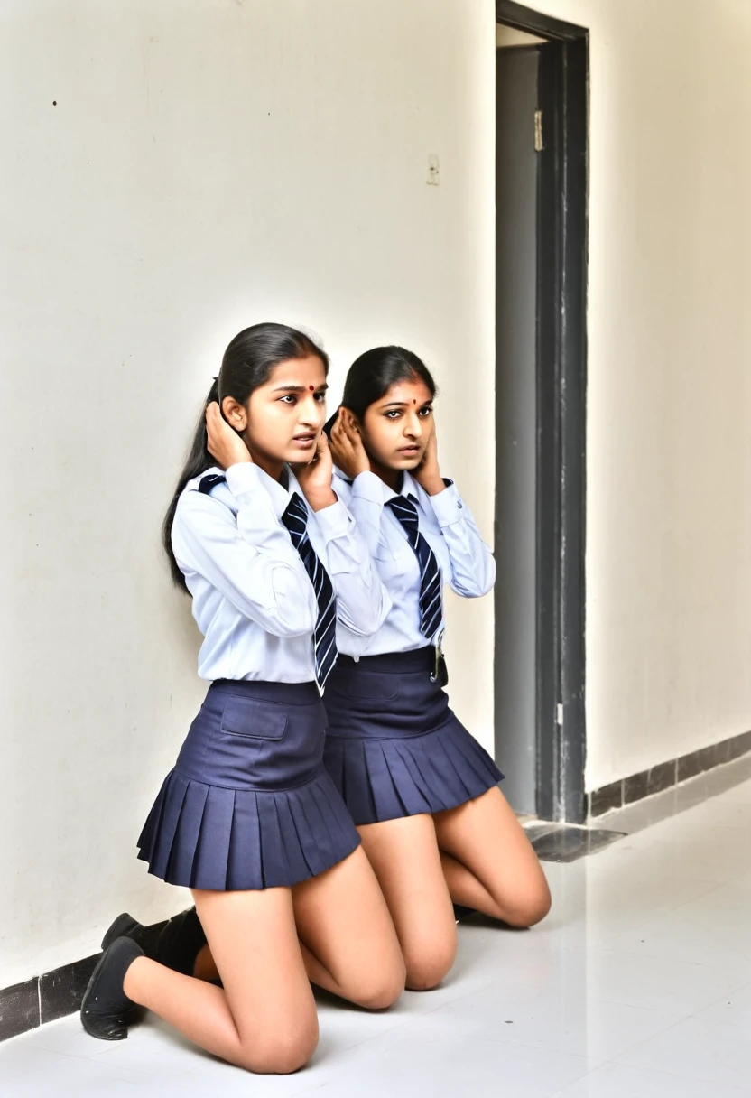 Indian women wearing short skirt uniform kneeling down holding ears in corridor outside class room door in punishing facing wall
