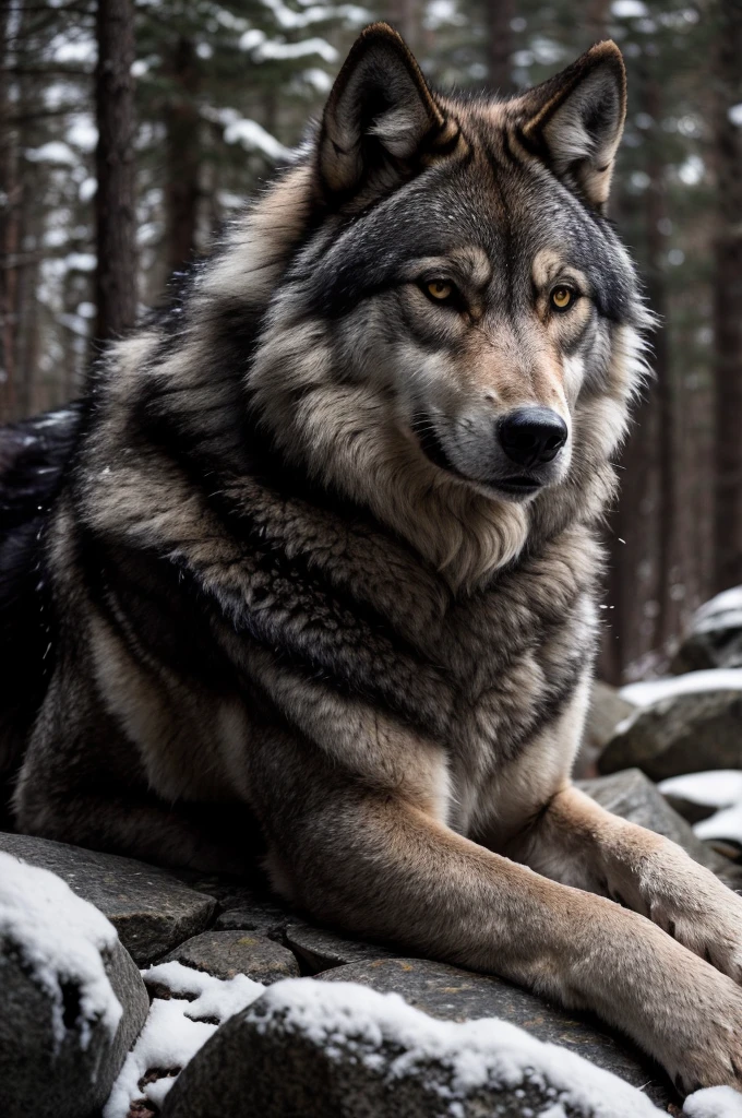 arafed wolf laying on a rock wall in a wooded area, fur hdr, photo of wolf, intense dramatic hdr, dark grey wolf, furry wolf, on a dark rock background, portrait shot, great wolf, regal pose, lone wolf, portrait of rugged zeus, wolf, hdr photo, wolves and their treasures