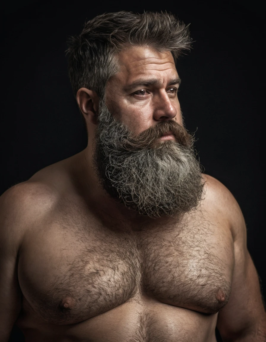 "Capture um 8K, retrato hiper-realista de um homem com cerca de 50 anos. Ele tem um corte de cabelo desbotado estilo militar muito curto, with a rugged beard that gives off a lumberjack vibe. Seus penetrantes olhos verdes olham diretamente para o espectador. A cena mostra o homem do peito para cima, revelando seu peito fortemente peludo e a parte superior de sua barriga, showing a chubby physique. He is shirtless against a deep black background, com um claro, Bright studio lighting effect evenly illuminating your face and body. The image should focus on the intricate details of your facial features, textura de barba, e pelos no peito, renderizado no estilo hiperrealista. Inspirando-se na fotografia de Greg Rutkowski, maintain a high level of realism while highlighting the man&#39;s natural, rugged appearance."