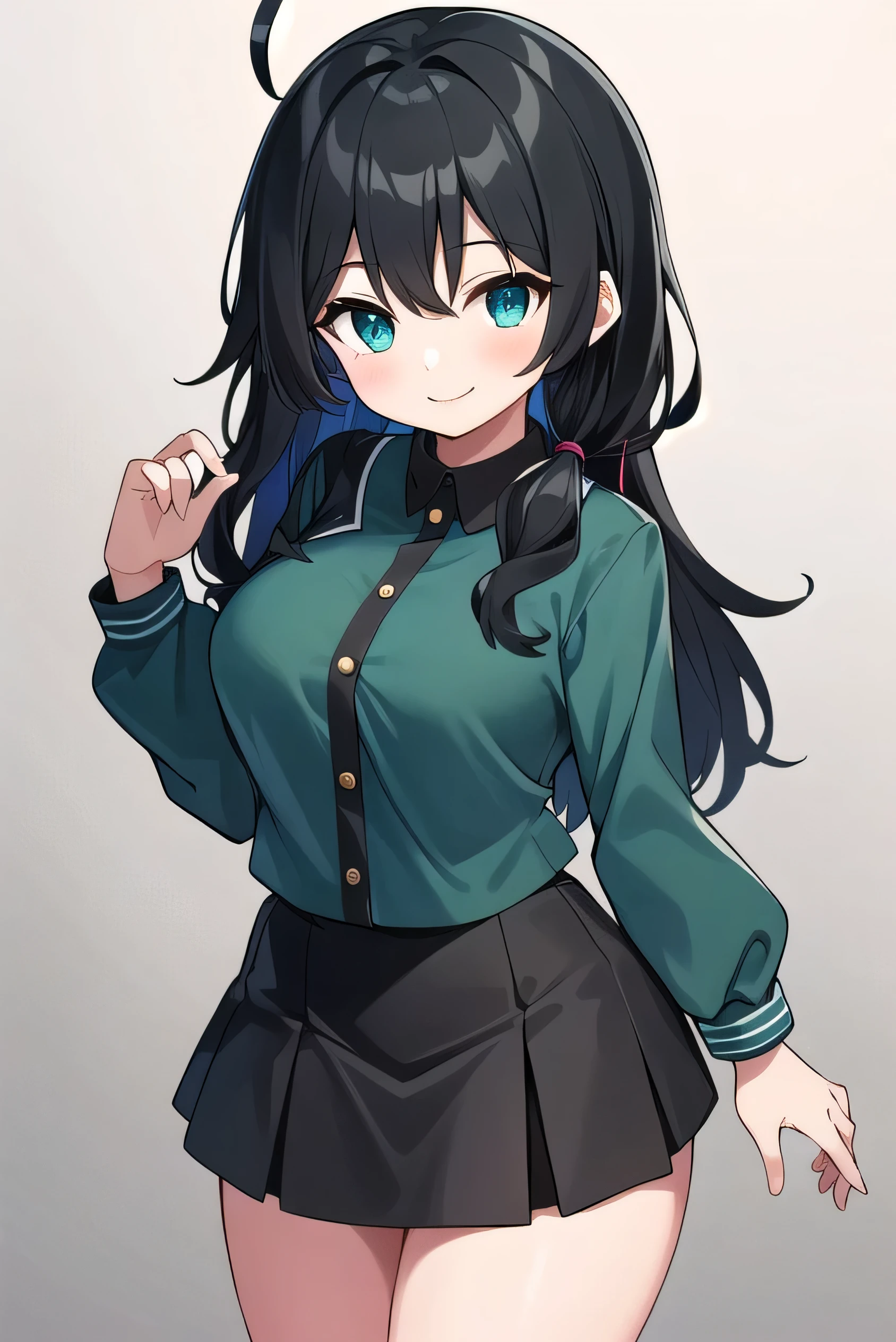 Junior high school student who looks like an elementary school student, 14 years old, very short, 140 cm tall, black hair with a slight green tinge, short ahoge, beautiful long hair but with a little hair sticking out, beautiful round eyes, blue eyes, smile, boyish, long sleeves, Thick clothes, skirt, big breasts, hair longer than waist, long hair, childish face, gentle smile, a little shy, black skirt, black hair with a slight green tinge, boyish, gentle smile, jacket one size larger, ( Deep greenish black hair: 1.3)
