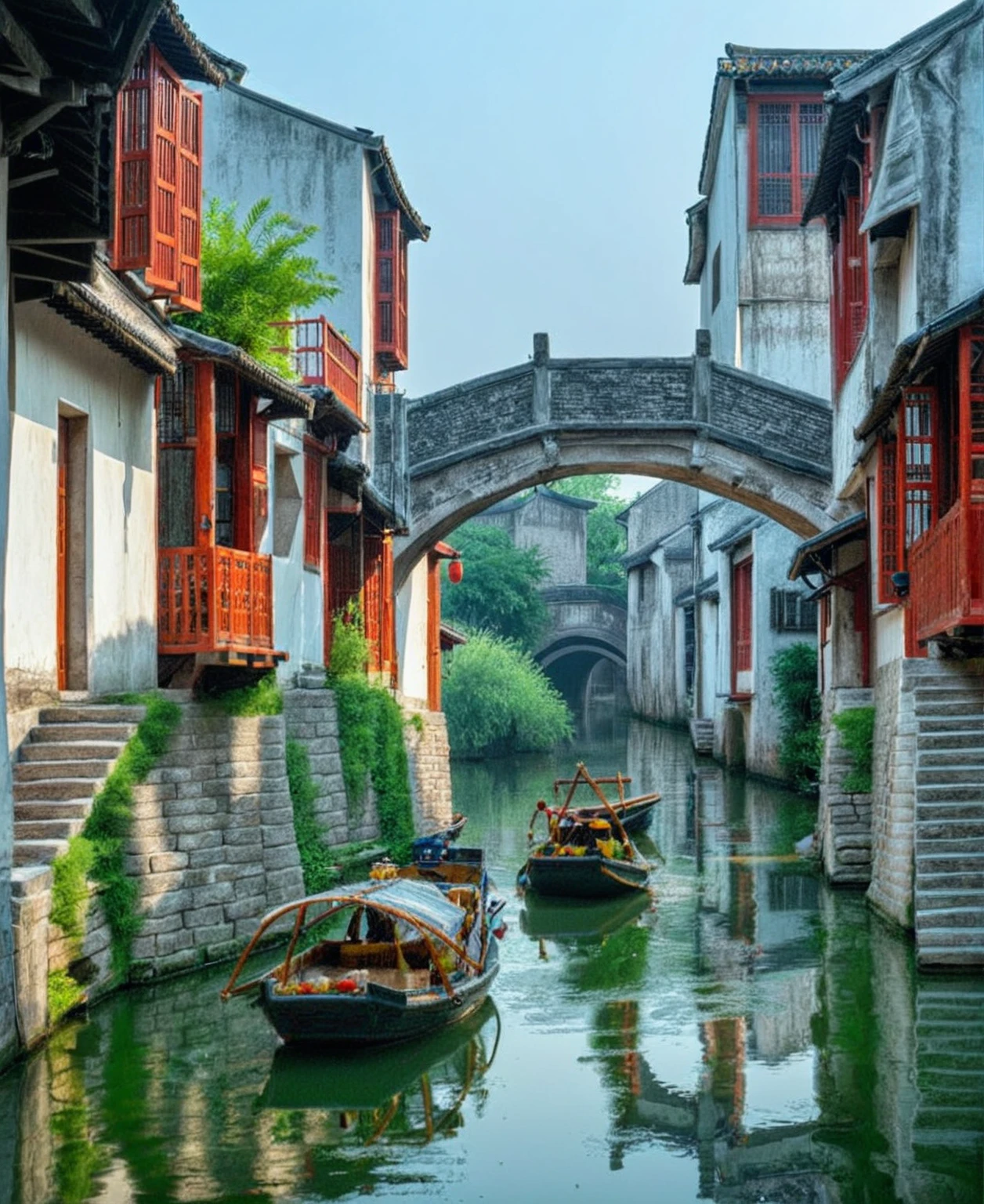 arafed canal with boats and buildings in a small town, zhouzhuang ancient town, dreamy chinese town, chinese village, beautiful image, ancient chinese architecture, by Li Zai, chinese architecture, by Ni Yuanlu, 🤬 🤮 💕 🎀, twisted waterway, canals, chinese style, canal, stunning sight, ancient city streets behind her