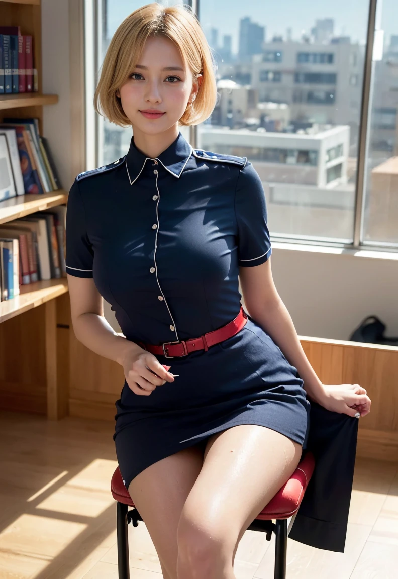 (((neat woman, Bright-eyed excitement,smile,blush,blush,red cheek,please touch me,tempting viewer,i want you))),(sitting down,uniform lift,i can see your panties), (sitting down,uniform lift,i can see your panties),((((blush,red cheek,sweat)))),(cinematic lighting), (Photo real:1.4)、(A hyper-realistic:1.4)、(Photorealistic:1.3)、 (gentle lighting: 1.05)、(Improve the lighting quality of your video:0.9)、 32k、25years old woman、photorealistic lighting、Back lighting、Facial Lights、Ray Trace、(bright:1.2)、(Increase quality:1.4)、 (best quality real texture skin)、Fair eyes,delicate face、 Close-up of the face,  ((Wearing the red stewardess uniform,red stewardess,midium red skirt,navy panties,high-heel),(Bodyline mood improvement:1.1)、Glossy skin、Korean Idol、Nogizaka Idol、good figure,perfect anatomy,Beautiful actress,(((beautiful large breasts,slender waist,slender hip,long slender legs,8heads tall))),(((8heads tall))),(((blonde very short hair,curtain bangs))),(((in the beautiful modern office of library,super clean night view,in the night))),