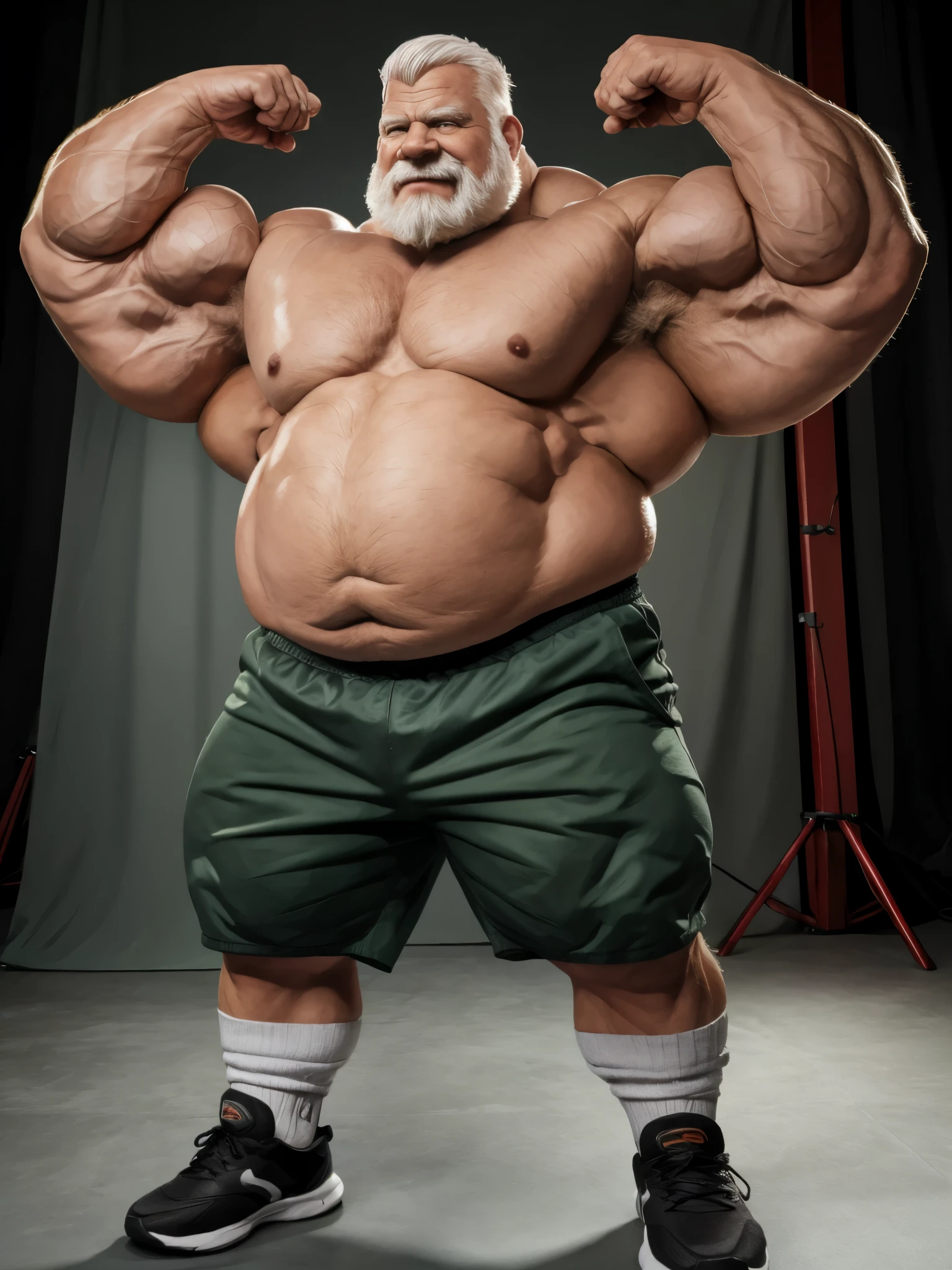 vector, mwvector, (best quality,4k,8k,highres,masterpiece:1.2),ultra-detailed,(realistic,photorealistic,photo-realistic:1.37),((massive muscular)) ((huge Muscular)) chubby old man standing in photo studio, simple background, flexing pectoral muscle, shorts and shoes, white hair, super thick arms, super big pectoral, super wide pectoral, topless, shirtless