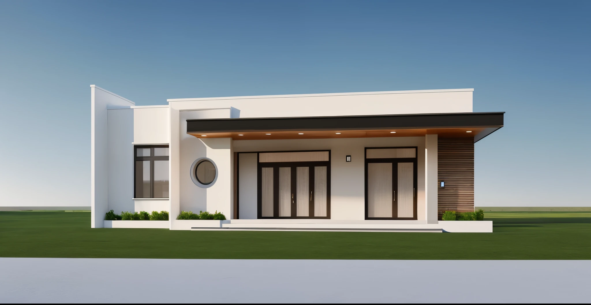(masterpiece, best quality:1.2), small house, a rendering of a modern house with a lot of windows, a rendering of a small building with a green roof and a white door, frontview, front-view, rendered image, rendered, front facing, artists impression, pre-rendered, digital rendering, a digital rendering, front perspective, d render, rendered illustration, wide establishing shot, building facing, facing front, (a circle on the wall)