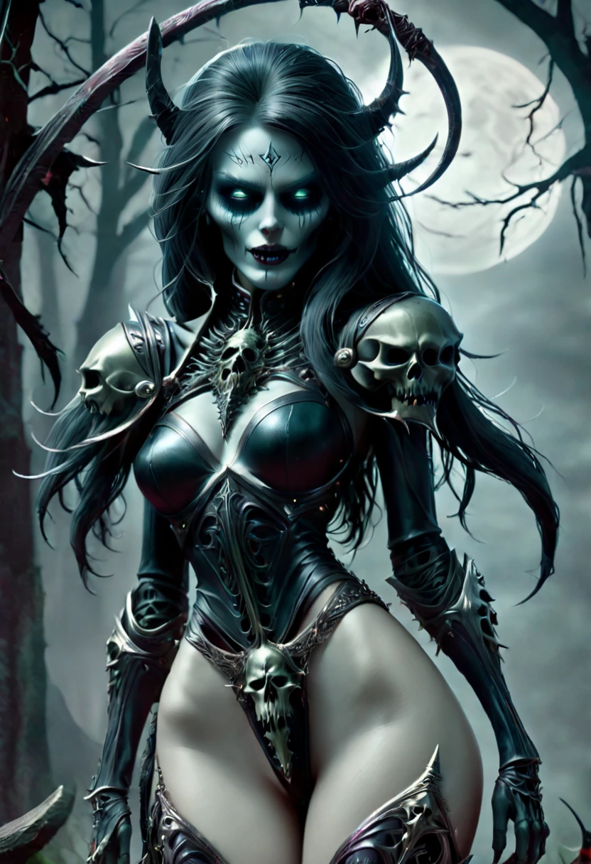 Sexy seductive grim death, undead head, seductive pose, mostly skeletal body, 