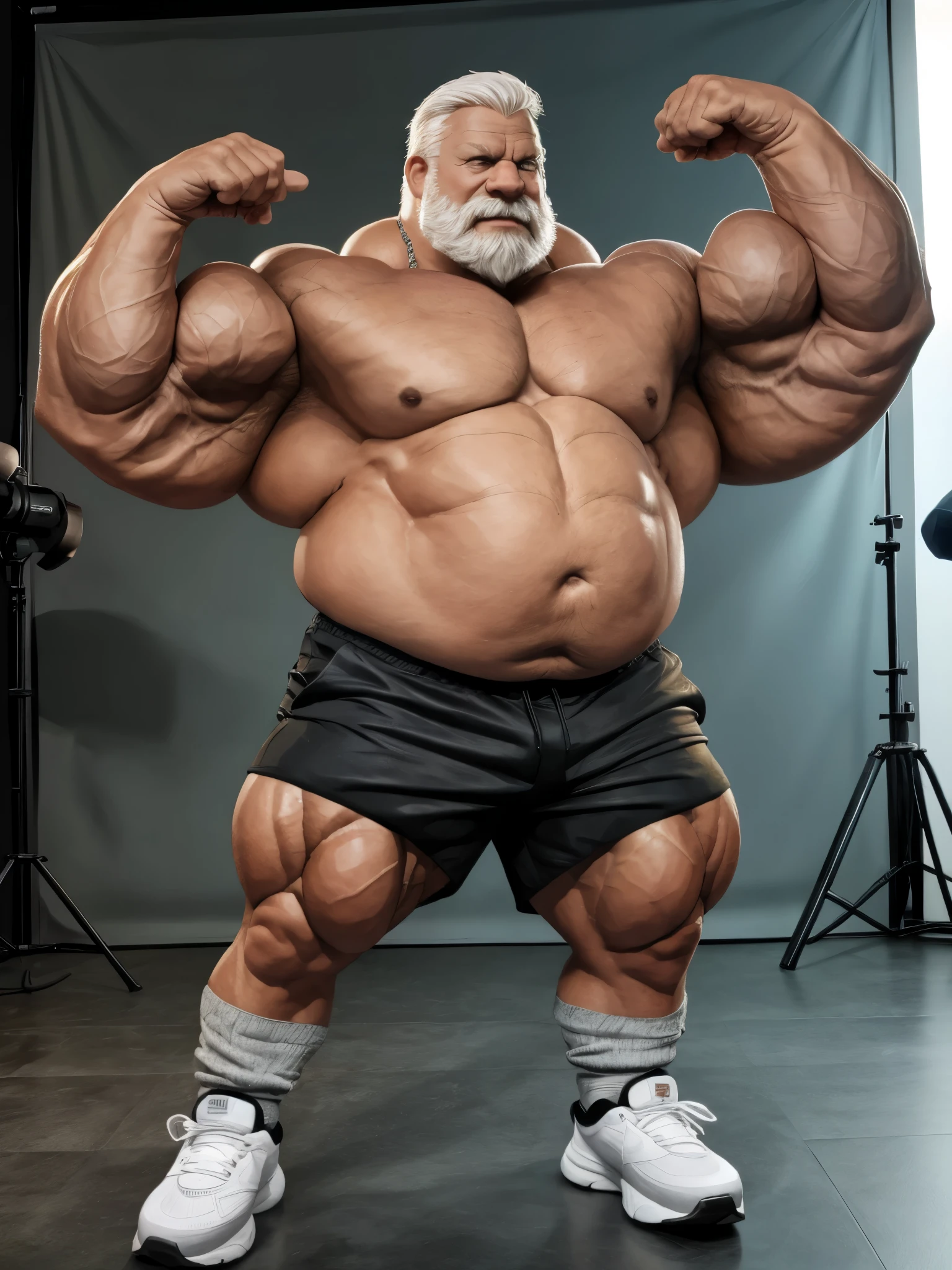 vector, mwvector, (best quality,4k,8k,highres,masterpiece:1.2),ultra-detailed,(realistic,photorealistic,photo-realistic:1.37),((massive muscular)) ((huge Muscular)) chubby old man standing in photo studio, simple background, flexing pectoral muscle, shorts and shoes, white hair, super thick arms, super big pectoral, super wide pectoral, topless, shirtless