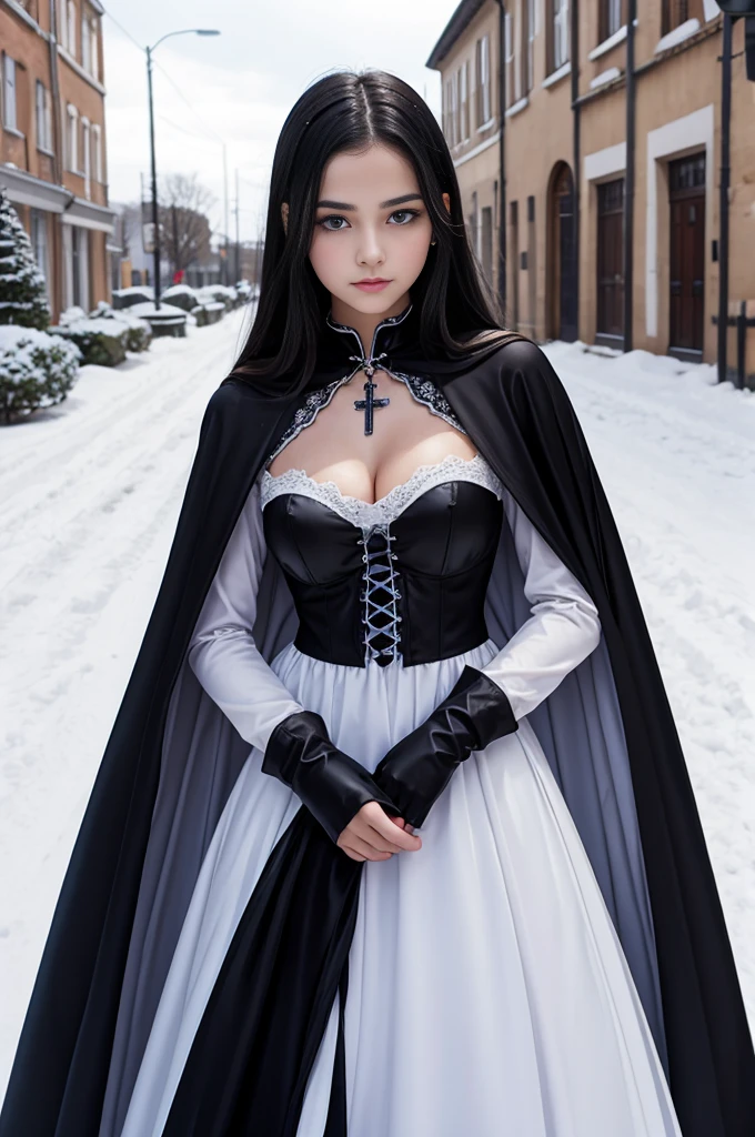 TeEn girl, evil, teenager(1.3),13 years old, teen girl, small breats, with black hair and blue eyes, detailed face, angelical face,cleavage, small breasts, dress with cape, desing with christian cross ,background in snow in prussia