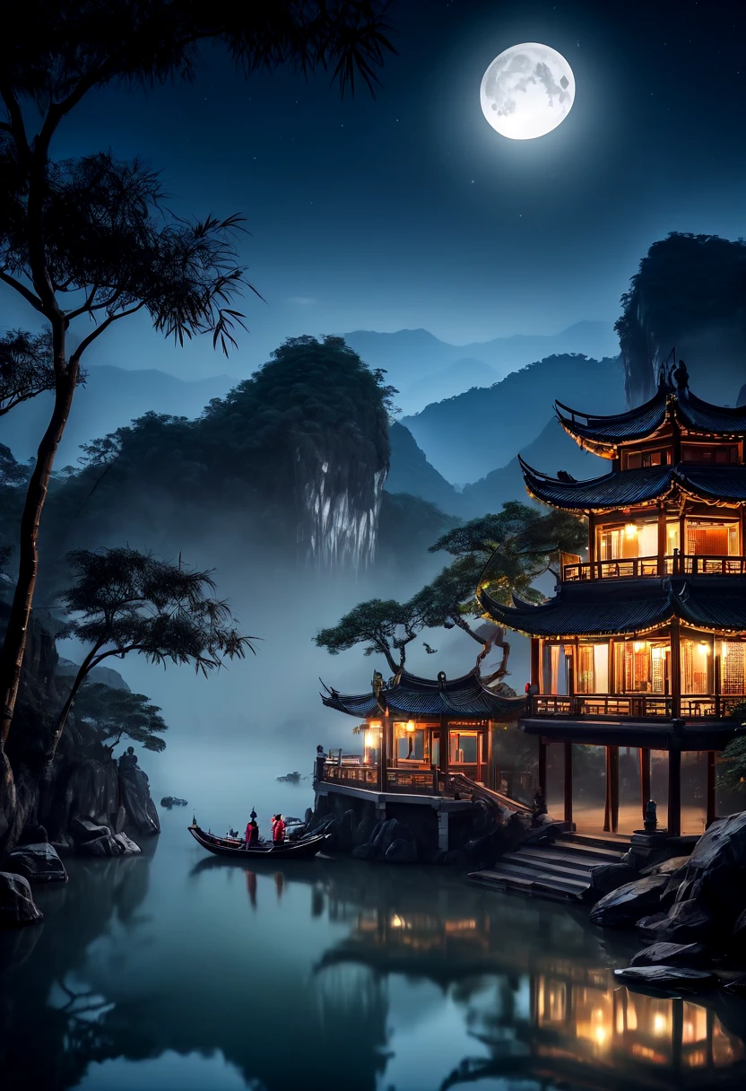 masterpiece, Best quality, Chinese martial arts styles, Asian night view with lanterns and water lilies, Asian lagoon at night with many lanterns and boats，There are a lot of lights and boats on the water, Lake, lotus, beautiful night view, (( (Chinese martial arts styles))), and the vast sky, rolling mountains and steep cliffs, Ink style, Contour light, atmosphere, Depth of Field, The fog rises, bamboo, pine, Octagonal Stone Pavilion, Waterfall, Big Full Moon, (no color), monomer, Light tones,