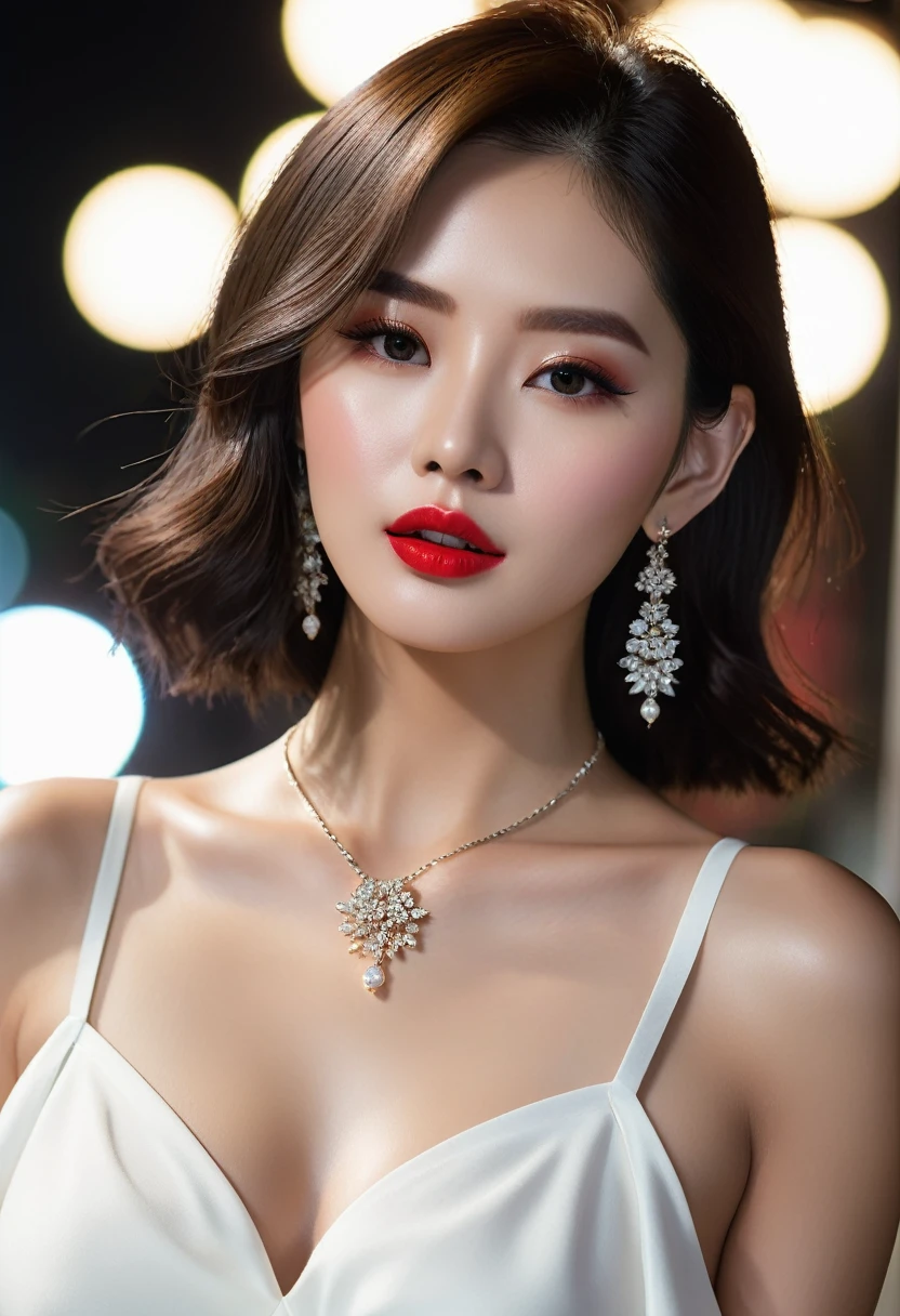 ((Realistic light、Highest quality、8K、Masterpiece:1.3))、Clear focus:1.2、1 Korean girl enters、Flawless beauty:、Slim tummy:1.1、Makeup and hair done by the artist professional ((Dark brown hair, long smooth hair ))、Beautiful chest-shaped lips. Apply light red lipstick. (White crop top: 1.4)、Necklace, hoop earrings (Outdoors、Night:1.1)、Street、Super smooth face、Refined eyes、Double eyelids、White dress sexy poses