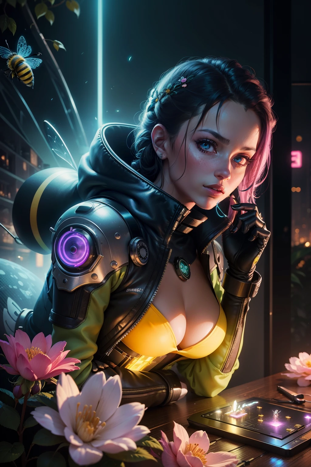 In the heart of a vibrant flower garden, a bee busily collects nectar from a blossoming rose. The realism of the scene is brought to life with the intricate details of the petals, the dewdrops glistening on the leaves, and the gentle tremble of the bloom as the bee lands on it. In contrast, the Cyberpunk element adds a futuristic twist with high-tech background elements, neon lights flickering in the background, and the bee itself sporting a tiny, glowing circuit board on its back.