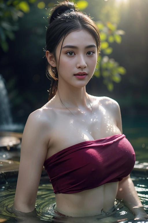 beautiful girl ,Thai female warrior, showering in a swiming pool at the forest, dynamic poses, A red halter top fell off her chest., long ponytail,black eyes,abdominal muscles,plump body, rounded chest, (big breast:1.3), rift, morning sun,staring at the audience, rain, (dynamic poses), shower, shower poses, ((face details)),Double eyelids, finished, (Backlight), realistic, Masterpiece, Highest quality, lens flare, shade, in full bloom, [[Chromatic aberration]], By Jeremy Lipking, By Antonio J.. Manzanedo, digital painting, HDR, high contrast
