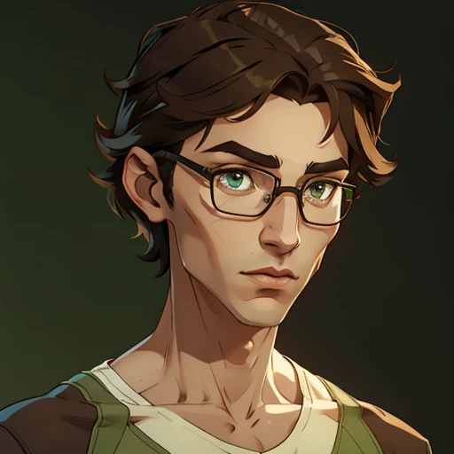 jon, a young guy in his 30s with asymmetric very short brown hair, green eyes with brown specs, a flat nose, smooth skin, slim athletic body, ((portrait))