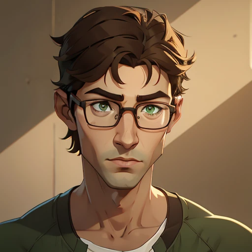 jon, a young guy in his 30s with asymmetric very short brown hair, green eyes with brown specs, a flat nose, smooth skin, slim athletic body, ((portrait))
