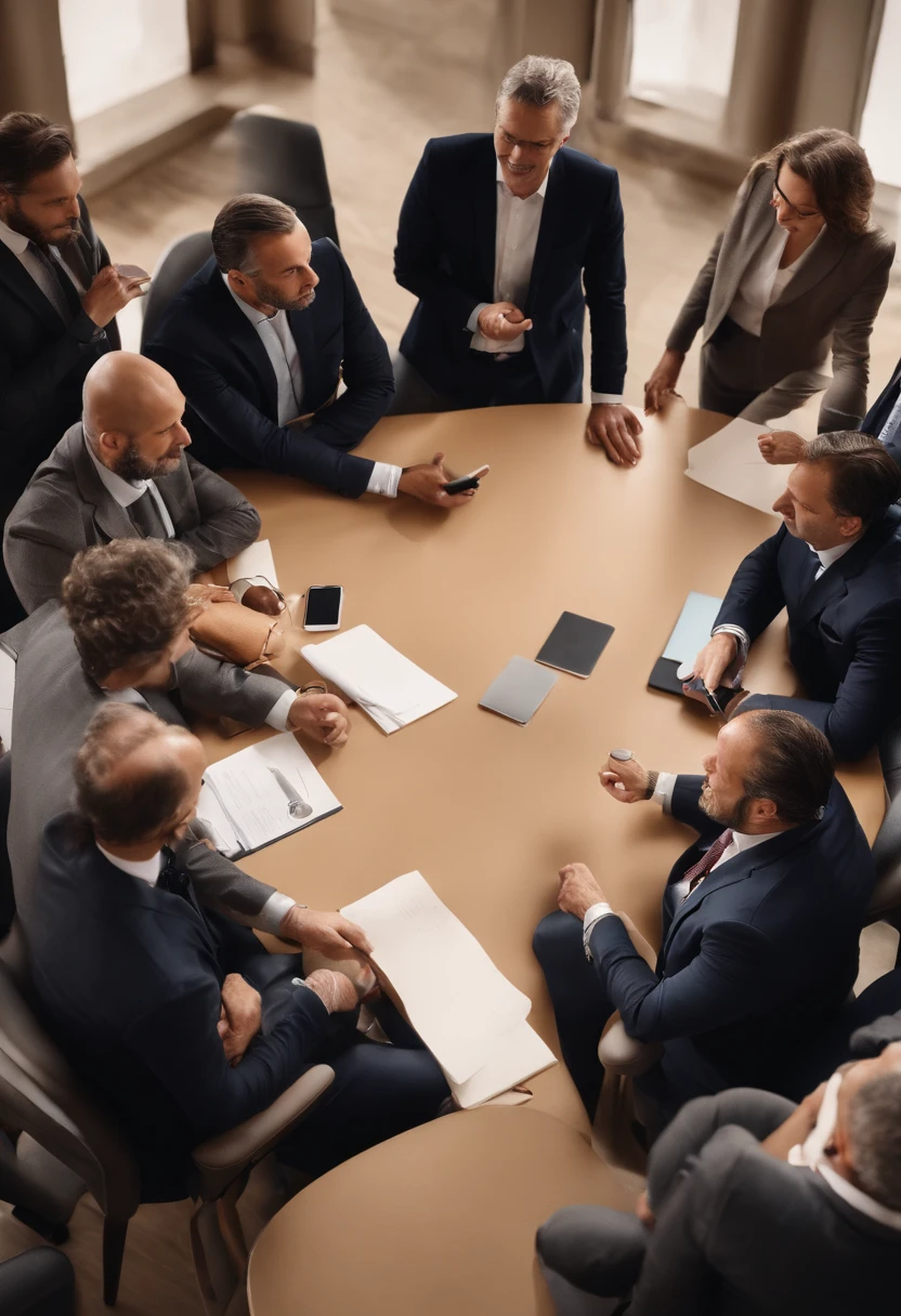 several men in suits sitting around a table talking to each other, business meeting, miniatura, images from the court session, advogado de defesa, tiro profissional, olhando parcialmente para a esquerda, in a meeting room, group sitting at the table, fotografia comercial, atores, in meeting together, imagem de alta qualidade, imagem profissional, desgaste corporativo, serious business, foto de alta qualidade, accurately portrayed