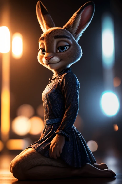 Judy Hopps, kneeling down, raised up, facing a bit off center, short frilly dress showing panties, (bit gag), arms behind back, (best quality,4k,8k,highres,masterpiece:1.2), ultra-detailed, (realistic,photorealistic,photo-realistic:1.37), HDR, UHD, studio lighting, extreme detail description, professional, vivid colors, bokeh, portraits, dark and moody color palette, dramatic lighting