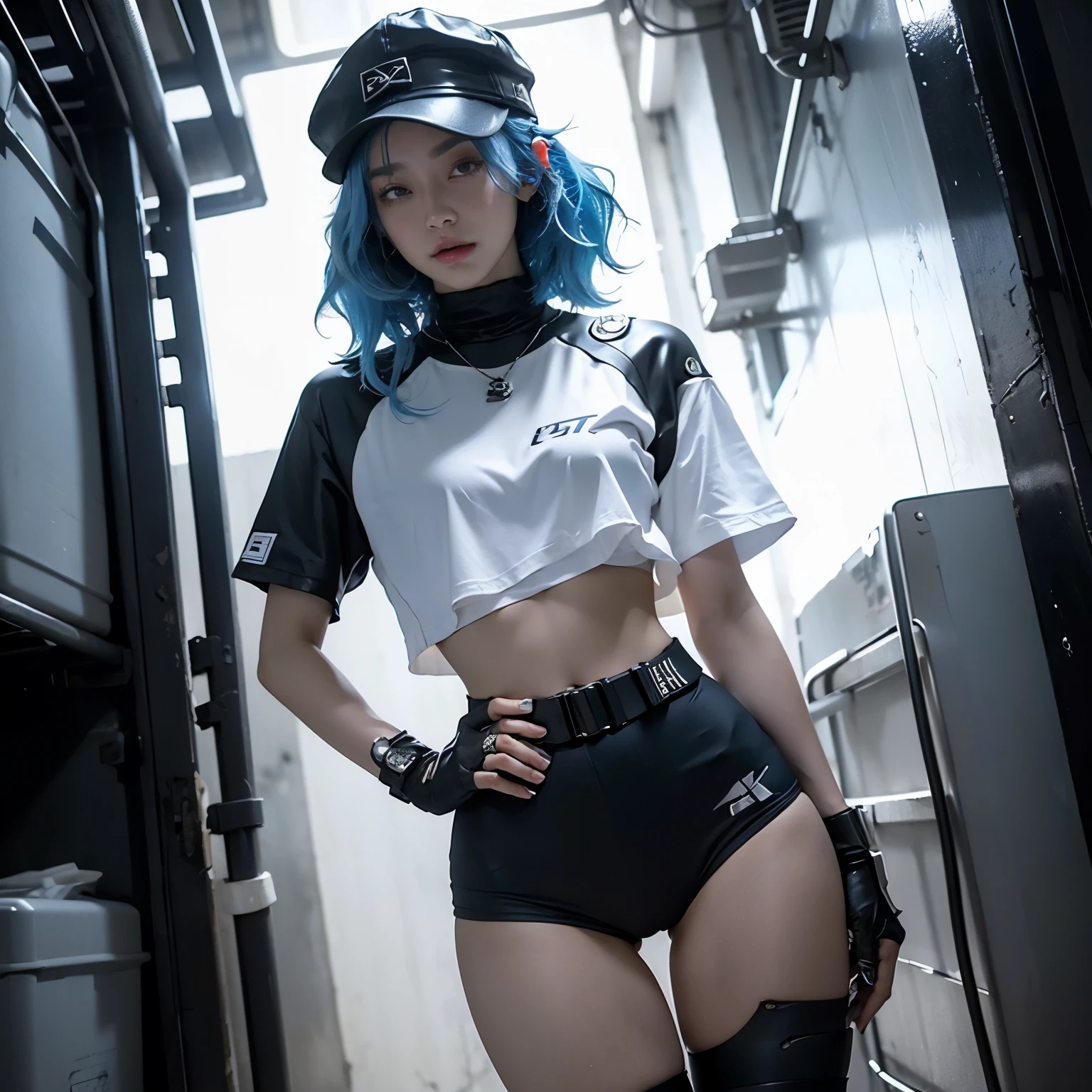 Beautiful woman medium hair, wearing cap, cyberpunk style short clothes,beautiful thighs,blue hair,accentuate hip