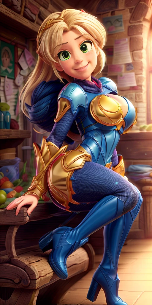 Lancer Artoria, elegant adult female, blonde, green eyes, (yellow eyelashes), crown, turtleneck, full body sitting on a bench showing ass to me, BLUE breastplate, BLUE skin (1girl)(BLUE skin:1.2), looking at viewer, shiny, armor, thigh highs, high boots, pauldrons shoulder armor, faulds, poleyn, gloves, gauntlets, rerebrace armored boots, (masterpiece, best quality, ultra-detailed, best shadow) yordle pointy ears muscular lean platinum blonde long twin-tails hairstyle at the office lustful smirking smile face red blushed, blush, strong abs, female body builder, tiara, twin drills hair