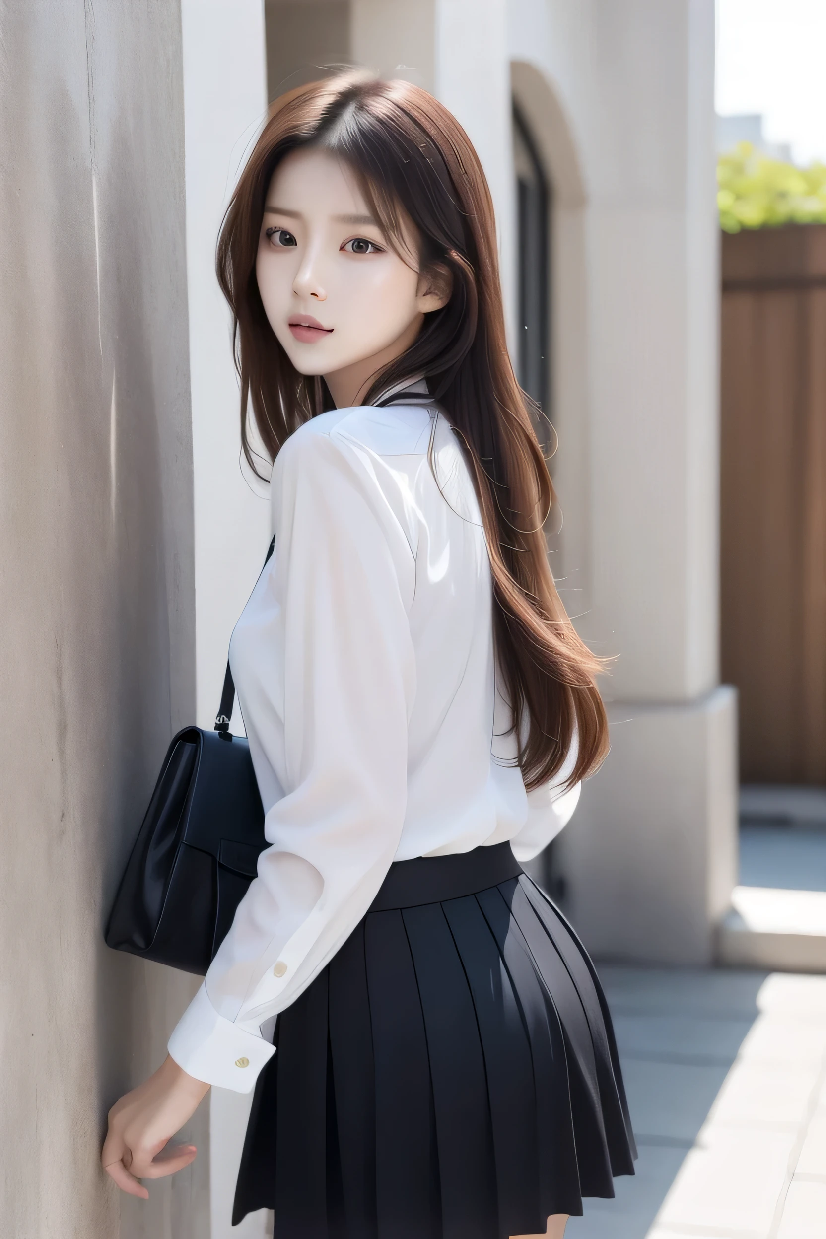Asian woman in white shirt and black skirt leaning against the wall, Bae Suzy, Korean female fashion models, Korean Girl, Nam Jae-yeon, Delicate white shirt, Wearing a white shirt, Korean actress, Wearing a shirt, Long hair, Gorgeous young Korean woman, Wearing long, flowing clothes, Lee Ji-eun, Lee Ji-eun
