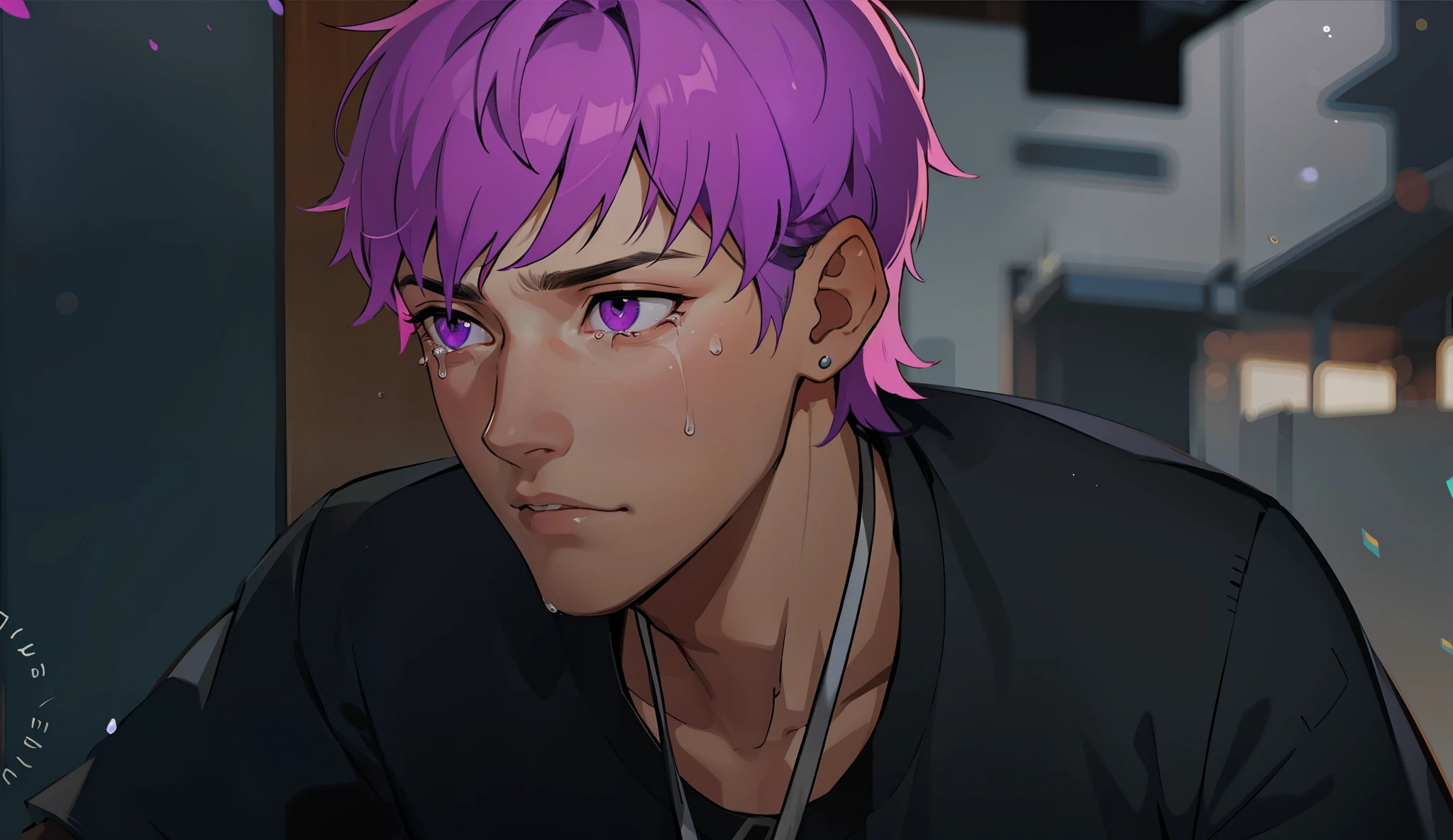 cute  boy is sad, thoughtful, remembering something bad that happened to him, he has purple eyes, purple hair, he has some tears in his eyes