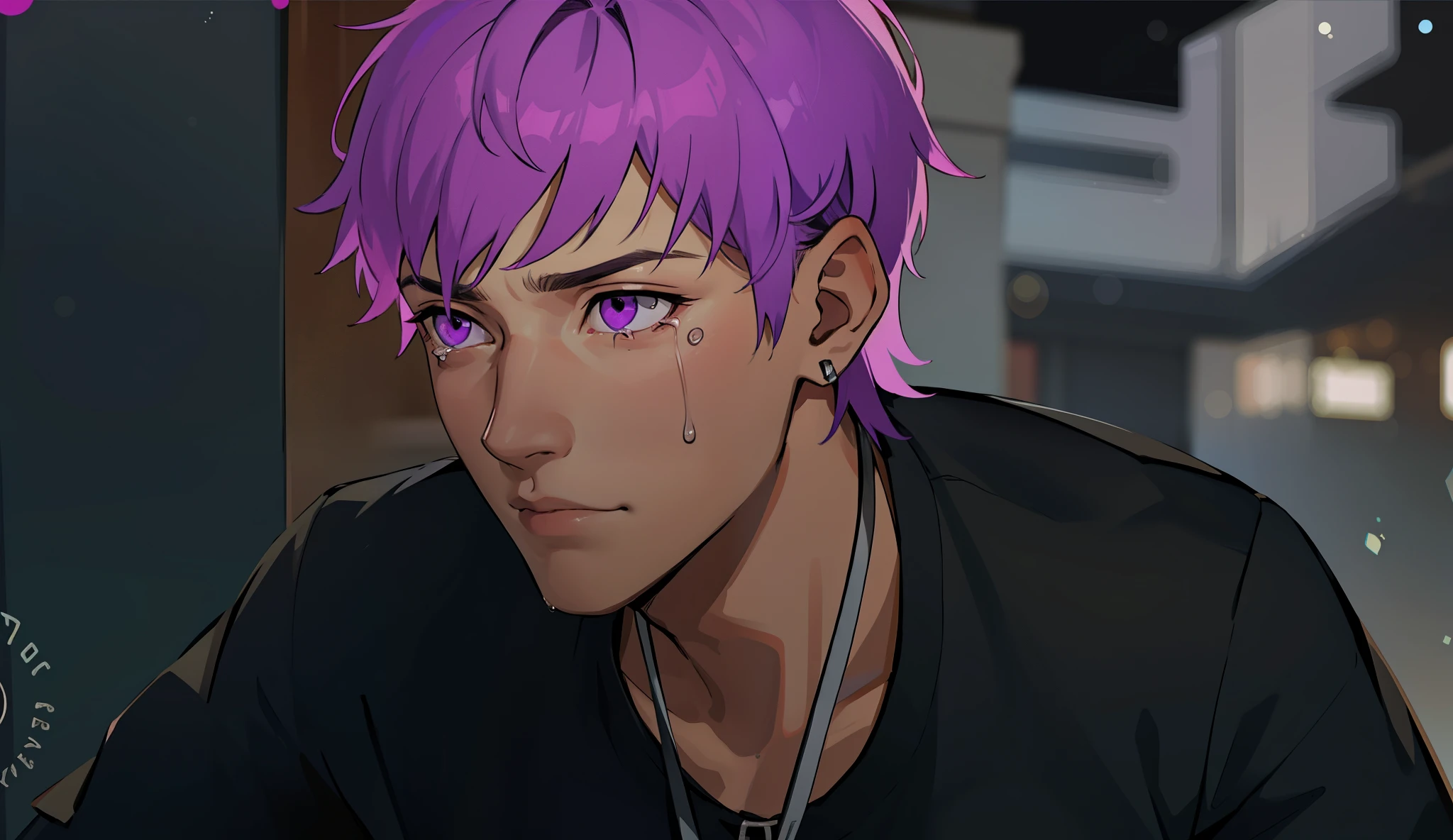 cute 16 year old boy is sad, thoughtful, remembering something bad that happened to him, he has purple eyes, purple hair, he has some tears in his eyes