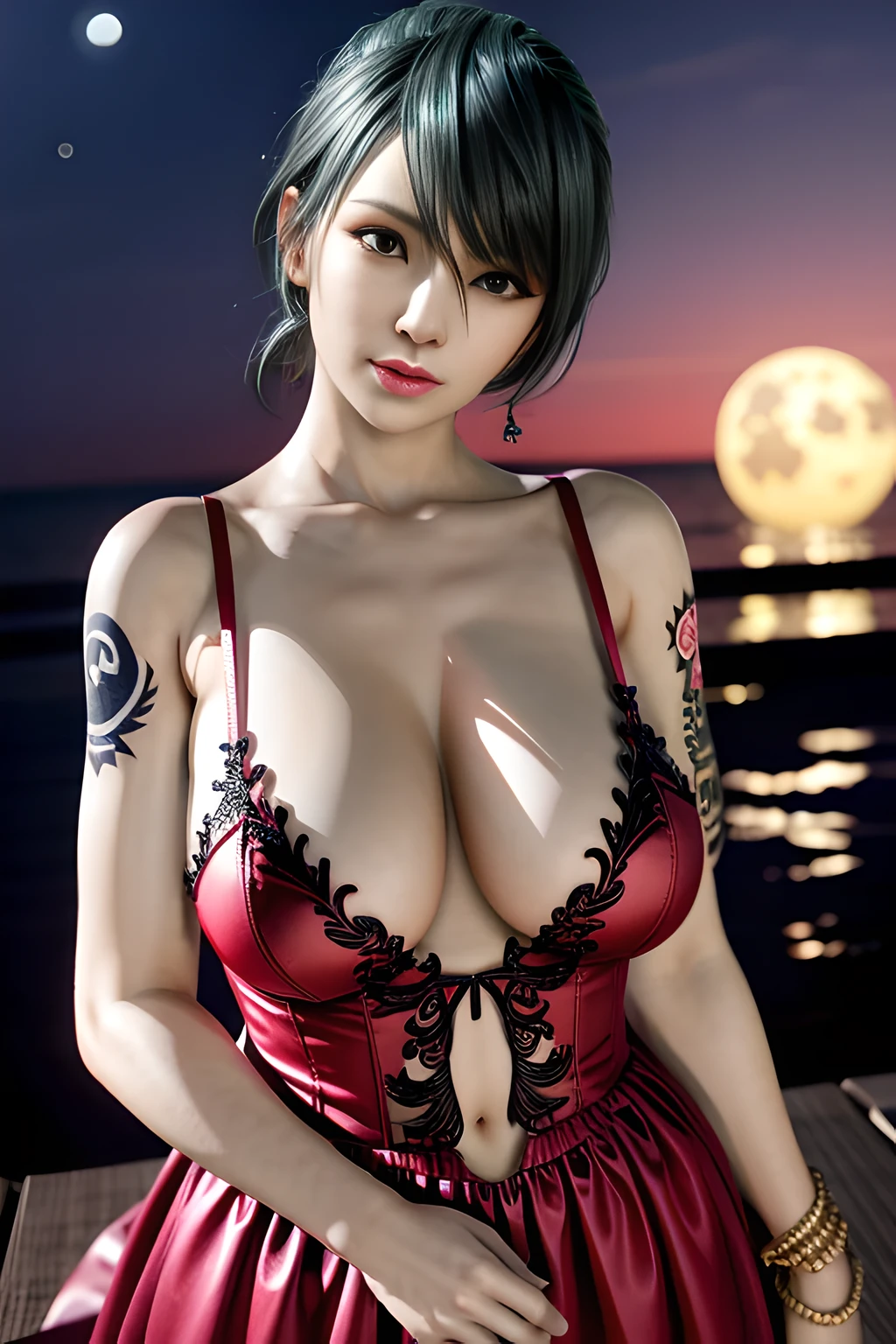 1 girl,lean over WINK, (dark red Wedding Dress,see-through), nighttime,moon,( huge breasts:1.1),cleavage,shiny skin,lip gloss,( tattoos:1.2), masterpiece, best quality, realistic ,Surrealism,Rich artistic colors,natural colors art in 8k,3D,Portrait art,solo, tamaki