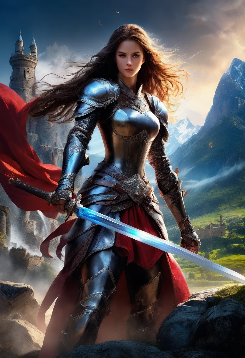 1girl,Swordsman,(with sword and armor),medieval setting,heroic pose,dramatic lighting,vivid colors,realistic details,strong and muscular,action-packed,blade sparkling in sunlight,background of castle and mountains,battlefield chaos,worn and battle-scarred armor,steely determination,ferocious eyes,swirling cloak,confident and skilled stance,(sword slashing through the air:1.1).(best quality,4k,highres),epic battle scene,brave and fearless warrior,striking and powerful image.
