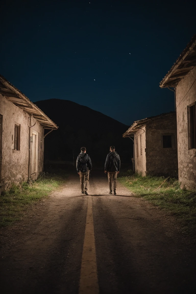 8k uhd, dslr, high quality , RAW photo, Amateur Photography posted to facebook ,Fujifilm XT3, Canon R5, Handsome Men, abandoned village, night