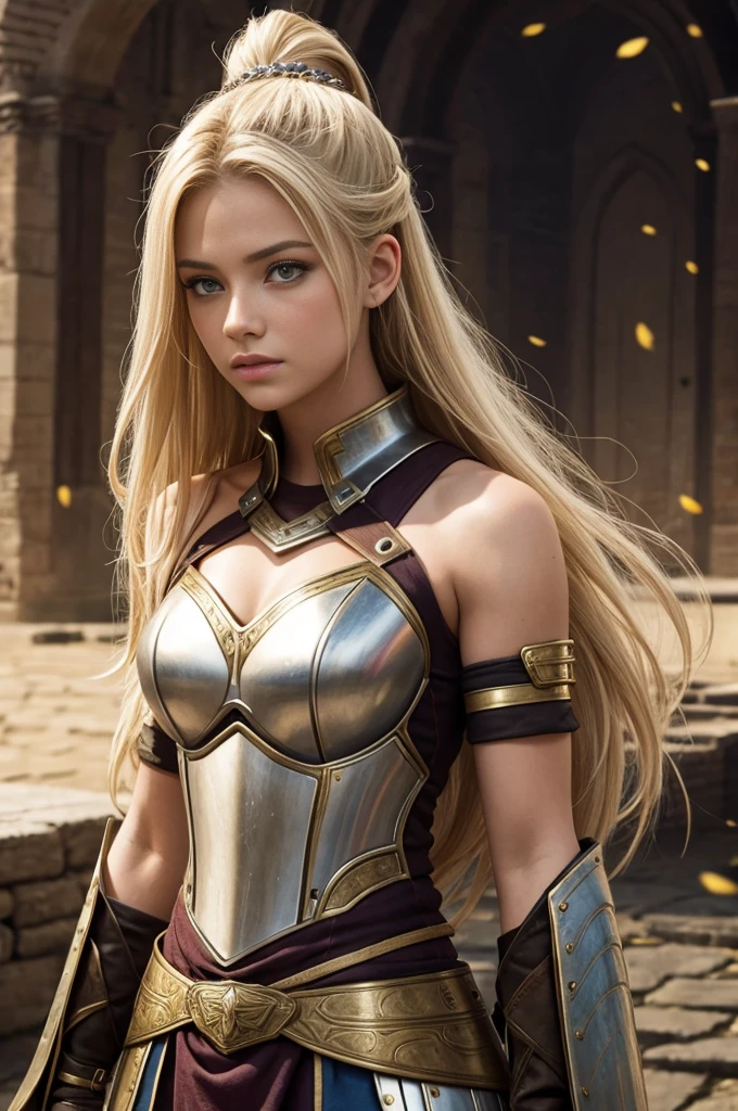 girl, roman warrior, princess blade , 19 years old, mini cropped, valkyrian, princess ,blonde, ino yamanaka, tall, detailed face, beautiful, confiant, background in uk land with flowers