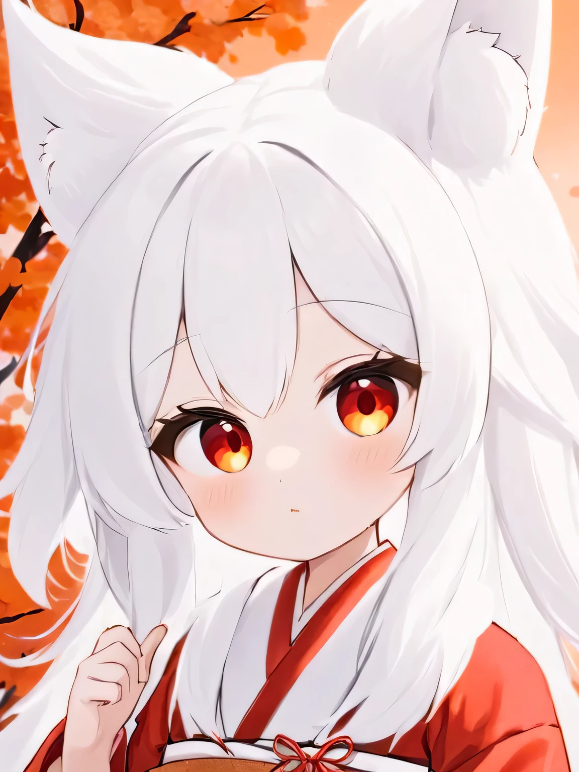 One girl，White Hair，White fox ears，Round eyebrows，white and red kimono，Orange or red eyes