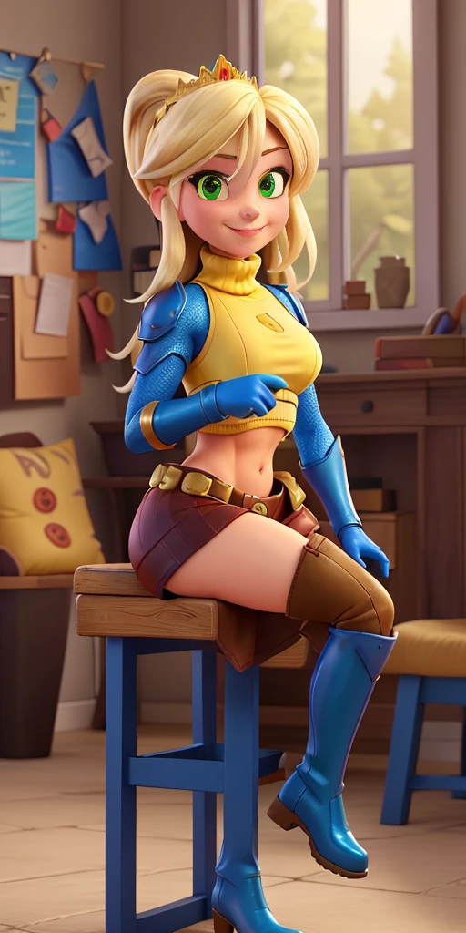 Lancer Artoria, elegant adult female, blonde, green eyes, (yellow eyelashes), crown, turtleneck, full body sitting on a bench showing ass to me, BLUE breastplate, BLUE skin (1girl)(BLUE skin:1.2), looking at viewer, shiny, armor, thigh highs, high boots, pauldrons shoulder armor, faulds, poleyn, gloves, gauntlets, rerebrace armored boots, (masterpiece, best quality, ultra-detailed, best shadow) yordle pointy ears muscular lean platinum blonde long twin-tails hairstyle at the office lustful smirking smile face red blushed, blush, strong abs, female body builder, tiara, twin drills hair