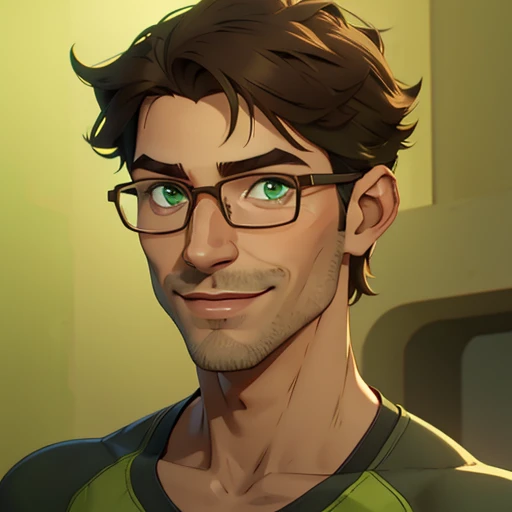 jon, a young guy in his 30s with asymmetric very short brown hair, green eyes with brown specs, a flat nose, smooth skin, slim athletic body, ((portrait)), smiling 