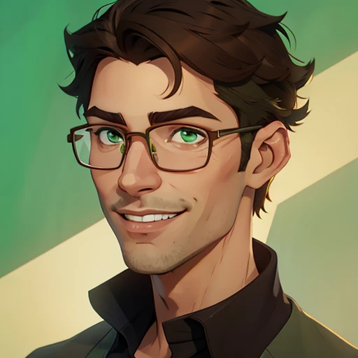 jon, a young guy in his 30s with asymmetric very short brown hair, green eyes with brown specs, a flat nose, smooth skin, slim athletic body, ((portrait)), smiling 