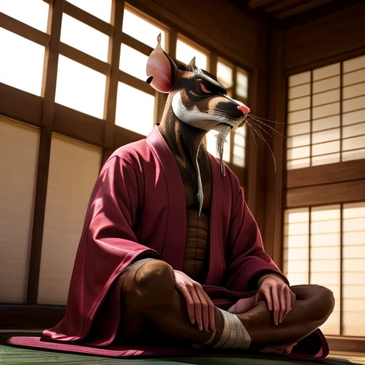 low-angle view,
standing, dojo, japanese temple, inside, clothed, kimono, red kimono, rat tail, goatee, brown body, white fur, black fur, bandages, safe,
(master splinter:1.2), meditating, crossed legs, sitting, closed eyes, solo, topwear, bottomwear, incense, tatami, 
BREAK,
by Anti_dev, (intricate, high detail, film photography, soft focus, RAW candid cinema,
photorealism, realistic, photorealistic, analog style, subsurface scattering,
masterpiece, best quality, ultra realistic, 8k)