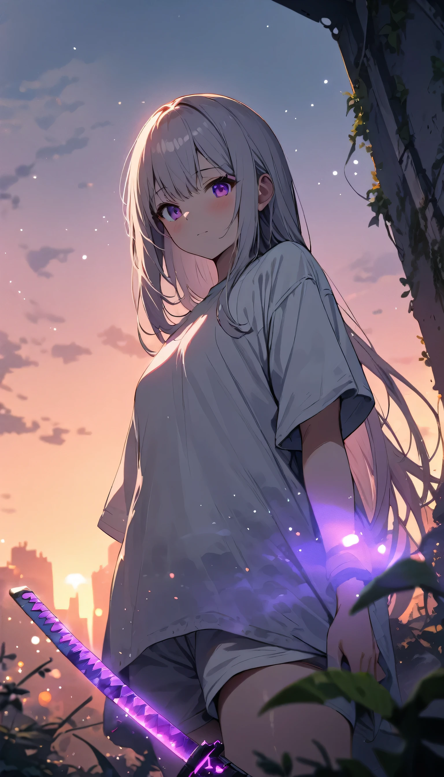 Resolution full, best quality, masterpiece, full HD, beautifull girl, foggy theme, super detailed, 1girl, cute girl, long hair, white light hair, detailed beautiful violet eyes, white T - shirt oversized, holding glowing katana. from below, in ruins, overgrown. Day sky, gradient sky, sunset. bokeh. Depth of field.