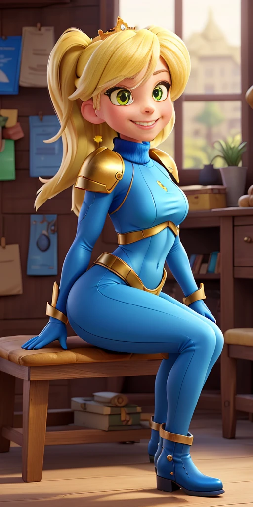 Lancer Artoria, elegant adult female, blonde, green eyes, (yellow eyelashes), crown, turtleneck, full body sitting on a bench showing ass to me, BLUE breastplate, BLUE skin (1girl)(BLUE skin:1.2), looking at viewer, shiny, armor, thigh highs, high boots, pauldrons shoulder armor, faulds, poleyn, gloves, gauntlets, rerebrace armored boots, (masterpiece, best quality, ultra-detailed, best shadow) yordle pointy ears muscular lean platinum blonde long twin-tails hairstyle at the office lustful smirking smile face red blushed, blush, strong abs, female body builder, tiara, twin drills hair