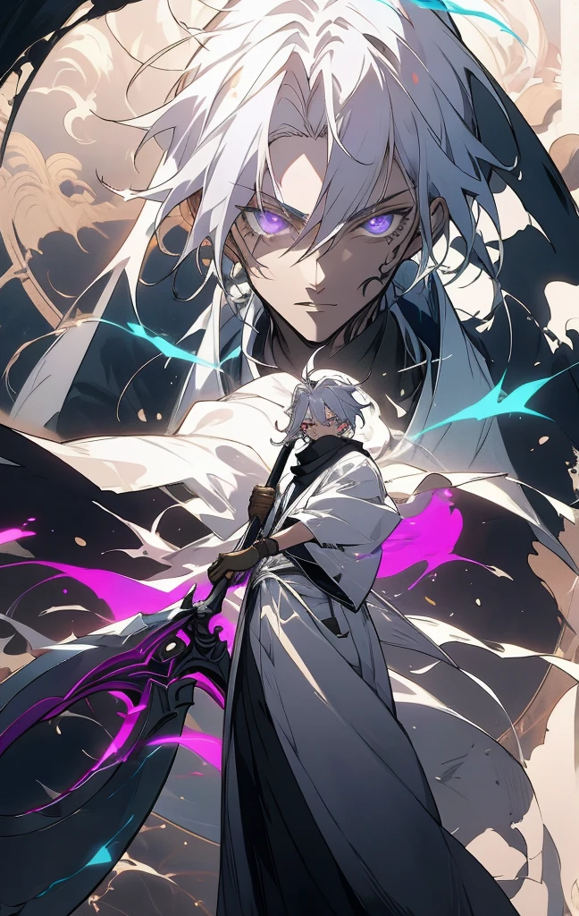 Create a character design sheet for an anime-style character, showcasing multiple views of the same character. The character is depicted as a solitary boy with long, white hair styled in a freestyle manner. He wields an extremely sharp black scythe that matches his black freestyle outfit adorned with white details. A black mask covers only his eyes, revealing beautiful, slender, and detailed eyes with vibrant red irises. The character's face is intricately detailed, complemented by a black scarf. He carries a large scythe surrounded by a purple aura. Additionally, he sports a dragon tattoo. The scene portrays the character from a below perspective, looking down upon a dark, ruined city with swirling elements in the background. He is dressed in a white kimono.