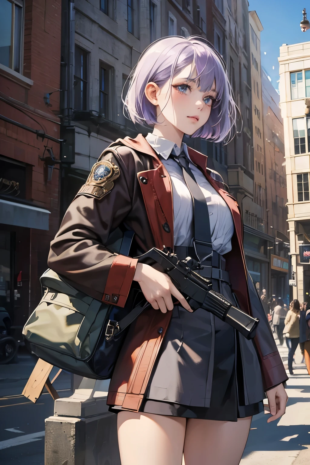 (absurdres, highres, ultra detailed),masterpiece,best quality,high resolution,8k,Realistic face,Realistic skin texture,magnified textures, stunning clarity,detailed anime girl,ultra detailed eyes and face,steampunk fashion,light purple hair,bob cut,future city,(crying:1.1),(too many guns in the air),look at viewer,cowboy shot,sf world like star wars