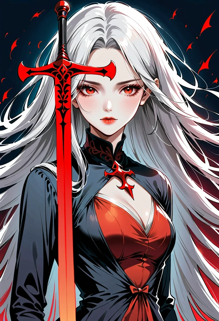 Girl with a sword，Simple lines，Minimalism，Abstract Art，Holding a red long sword，